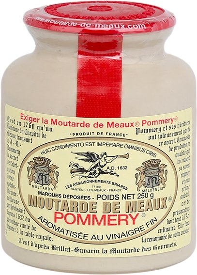 Moutarde de Meaux Pommery classic French mustard in authentic 250g stoneware jar with plastic lid, perfect for gourmet cuisine
