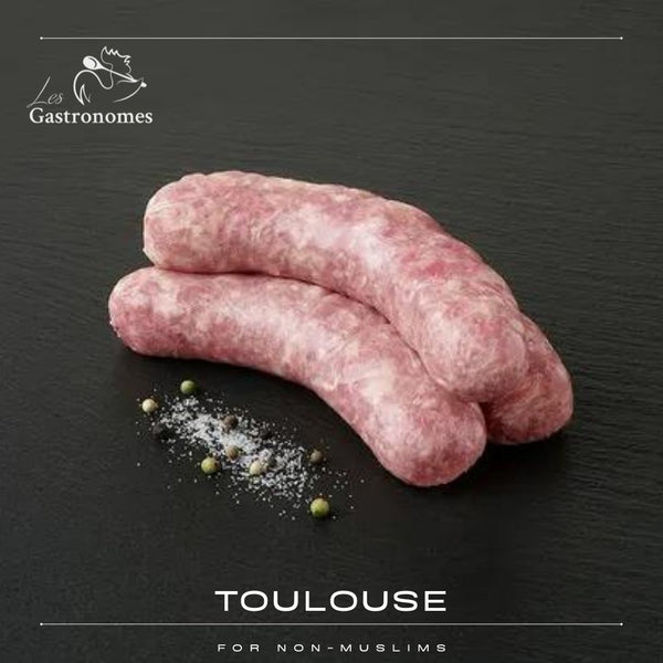 Toulouse sausage pair for non-muslim customers, fresh pork meat product in transparent packaging ready to cook