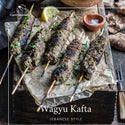 Fresh wagyu kafta skewers with Lebanese spices in a frozen package, ready to grill for authentic Middle Eastern cuisine