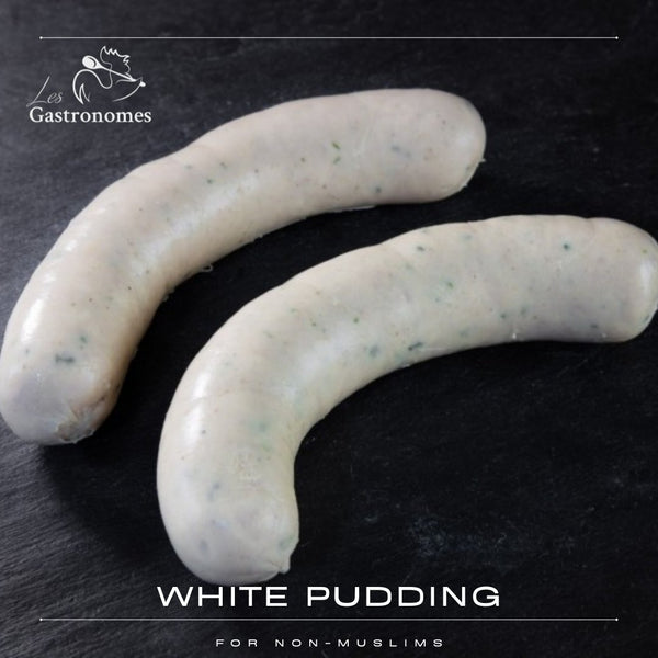 White pudding sausage pair for non-Muslims with traditional Irish breakfast meats wrapped in clear packaging