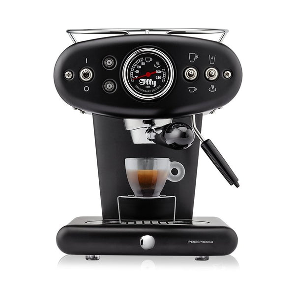 Machine à café X1 iperEspresso Anniversary 1935, design élégant noir et chrome, pour capsules illy, vue de face