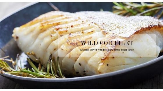 Pan fried Cod, served with rosemary butter lemon sauce - Les Gastronomes
