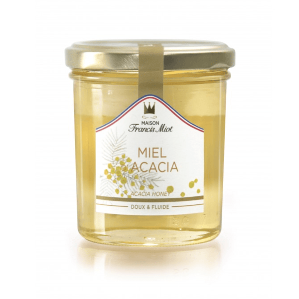 Jar of premium Acacia honey by Maison Miot, 250g golden liquid honey in a clear glass container with elegant label