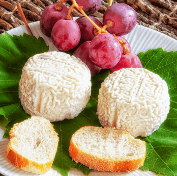 Authentic Crottin de Chavignol AOC cheese with white rind and creamy texture, traditional French goat cheese from Loire Valley