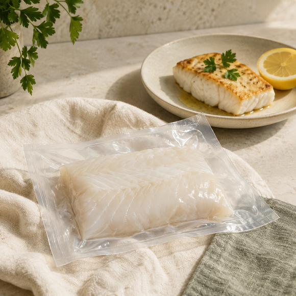 Danish skin-off cod fillet 200g with a simple cooked serving suggestion