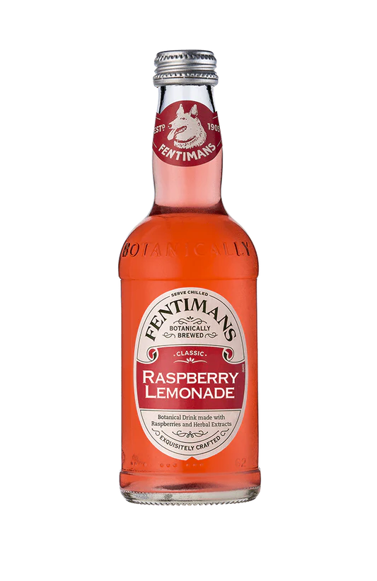 Bottle of Fentimans sparkling raspberry lemonade, pink fizzy drink in glass bottle with vintage label, 275ml serving