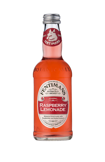Bottle of Fentimans sparkling raspberry lemonade, pink fizzy drink in glass bottle with vintage label, 275ml serving