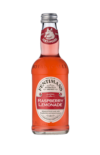 Bottle of Fentimans sparkling raspberry lemonade, pink fizzy drink in glass bottle with vintage label, 275ml serving