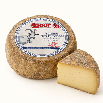 Tomme des Pyrénées Agour wheel and cut wedge, studio illustration; label details should be verified