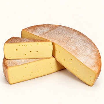 Raclette du Jura cheese wheel and cut wedges, studio illustration