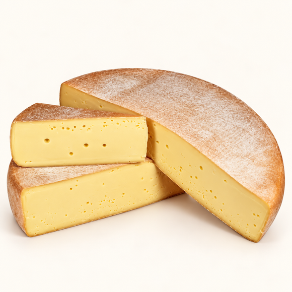 Raclette du Jura cheese wheel and cut wedges, studio illustration