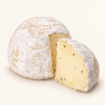 Le Gaperon cheese with a cut wedge, no ribbon; illustrative image