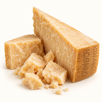 Parmigiano Reggiano 200g cheese wedges and crumbles on warm ivory background, illustrative studio image