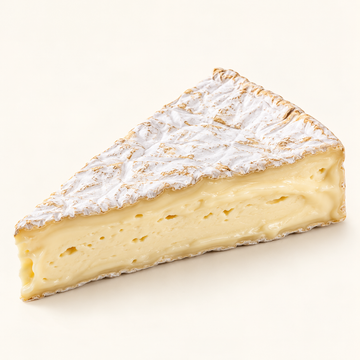 Brie de Meaux wedge on warm ivory background, studio illustration