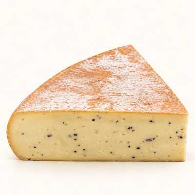 Raclette à la truffe wedge with black truffle flecks, illustrative product image