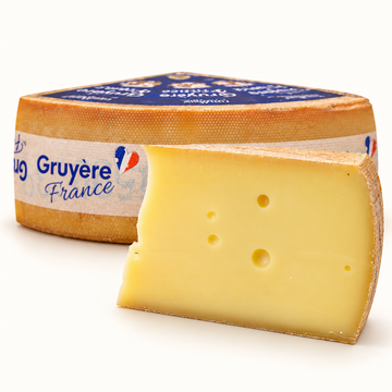 French Gruyère IGP wedge with Gruyère France branding visible, AI-generated studio representation