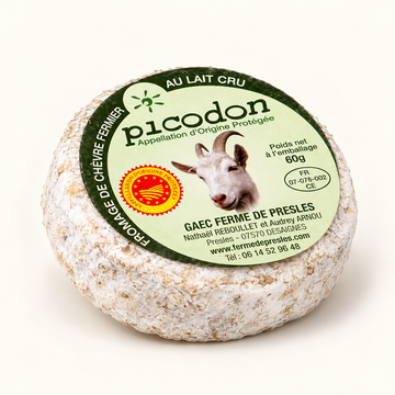 Picodon 60g goat cheese, illustrative studio product image; packaging label requires verification