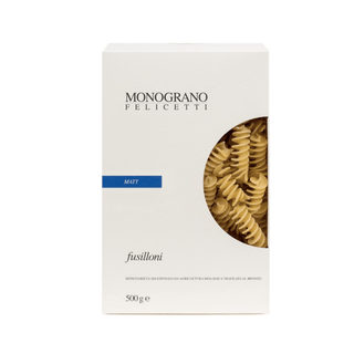 Fusilloni matt organic pasta, 500g package, high-quality Italian durum wheat, premium spiral-shaped pasta for rich sauces.