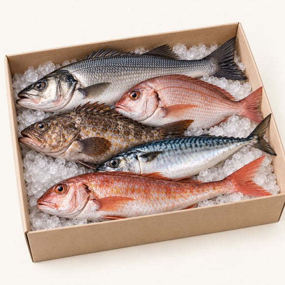 Grand Fisherman’s Box with a generous changing selection of whole wild fish on ice