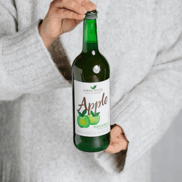 James white organic apple juice 100% pure and freshly pressed in glass bottles, available in 6 or 24 pack options