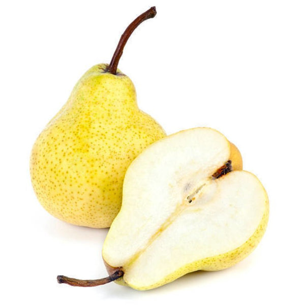 Fresh juicy green William pear on a clean white background, perfect for healthy snacking or fruit desserts.