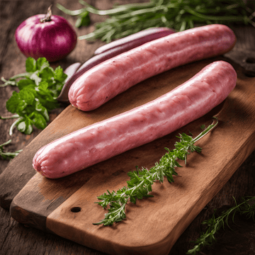 Fresh veal bratwurst sausages packaged and frozen for culinary use, perfect for grilling or pan-frying, 1kg package