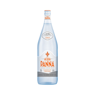 Bottle of Acqua Panna natural mineral water in elegant glass packaging, 1 liter size, premium still water from Italy