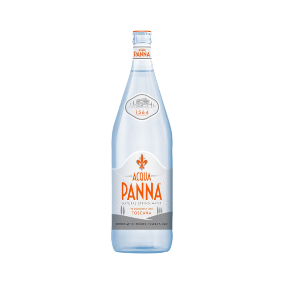 Bottle of Acqua Panna natural mineral water in elegant glass packaging, 1 liter size, premium still water from Italy