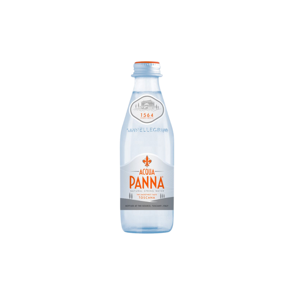 Elegant Acqua Panna natural mineral water in a 250ml glass bottle, perfect for premium hydration and fine dining occasions.