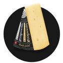 Appenzeller black label Swiss cheese in a 250g portion with a distinctive black wax rind on a white background