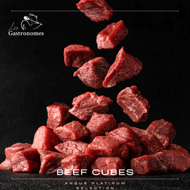 Black angus beef cubes in a frozen package of 500 grams, ready to cook for stews and other beef recipes