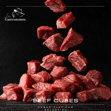 Black angus beef cubes in a frozen package of 500 grams, ready to cook for stews and other beef recipes