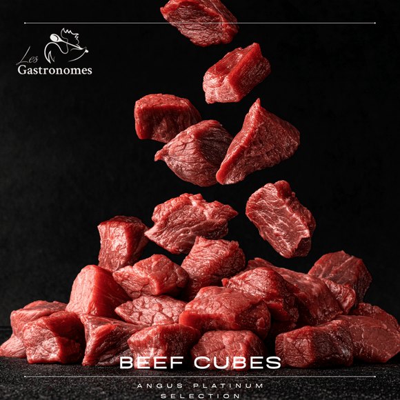 Black angus beef cubes in a frozen package of 500 grams, ready to cook for stews and other beef recipes