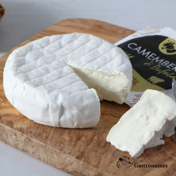 Creamy artisanal camembert di buffala cheese wheel in traditional packaging, 250g portion, ready to serve