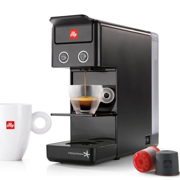 Machine à café Y3.3 iperEspresso compacte noire, vue de face, pour préparer des expressos italiens de qualité professionnelle