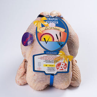 Whole free range capon from France with Label Rouge certification, packaged and frozen for gourmet cooking
