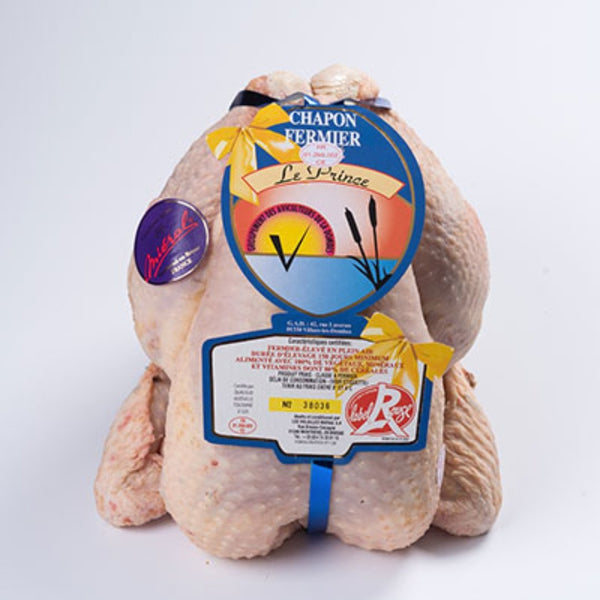 Whole free range capon from France with Label Rouge certification, packaged and frozen for gourmet cooking