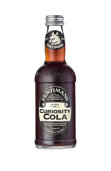 Bottle of Fentimans Curiosity Cola, a premium botanical cola drink in 275ml glass bottle with vintage label design