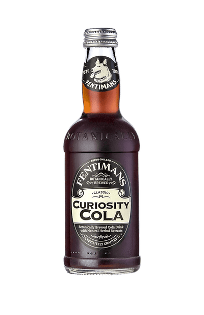 Bottle of Fentimans Curiosity Cola, a premium botanical cola drink in 275ml glass bottle with vintage label design