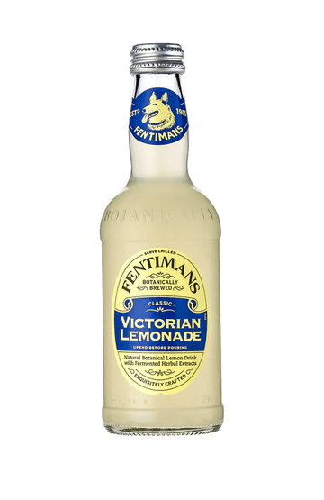 Bottle of Fentimans Victorian lemonade with refreshing citrus flavor in premium glass packaging, traditional recipe drink