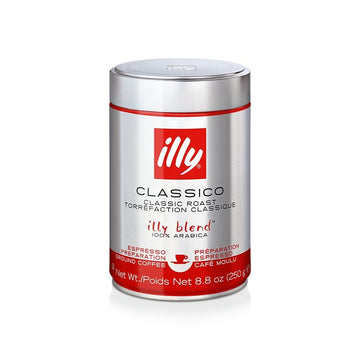 Illy ground espresso classico coffee in red packaging, medium roast coffee for authentic Italian espresso experience