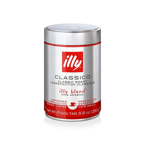 Illy ground espresso classico coffee in red packaging, medium roast coffee for authentic Italian espresso experience