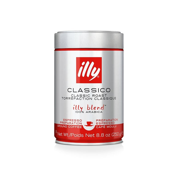 Illy ground espresso classico medium roast coffee in red metal can packaging, perfect for authentic Italian espresso lovers