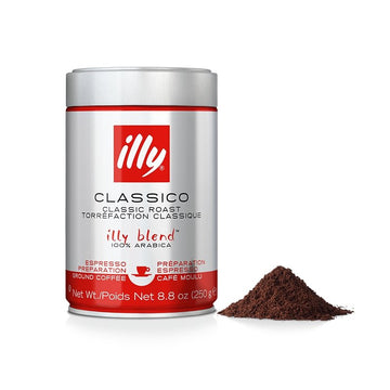 Illy ground espresso classico coffee in red packaging, medium roast premium italian coffee for authentic espresso brewing