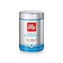 Decaffeinated ground espresso coffee by Illy in medium roast classico variety shown in signature red packaging