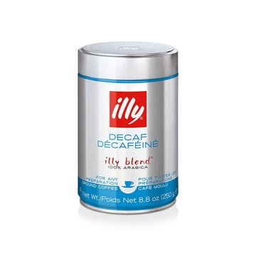 Decaffeinated ground espresso coffee by Illy in medium roast classico variety shown in signature red packaging