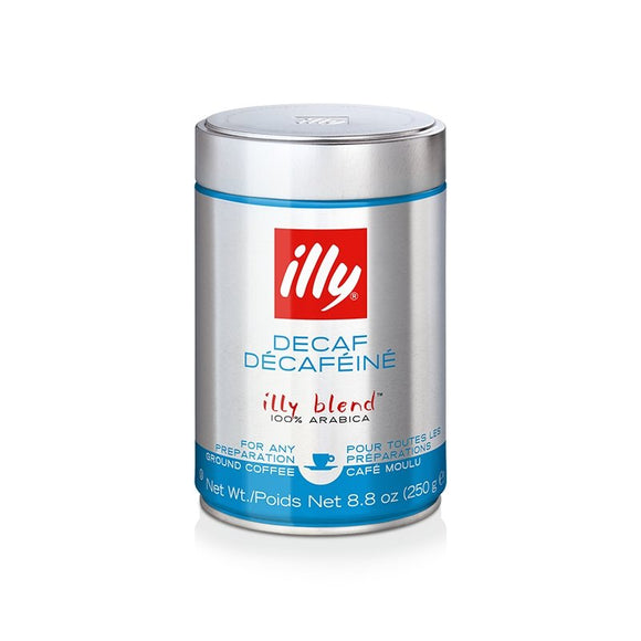 Decaffeinated ground espresso coffee by Illy in medium roast classico variety shown in signature red packaging