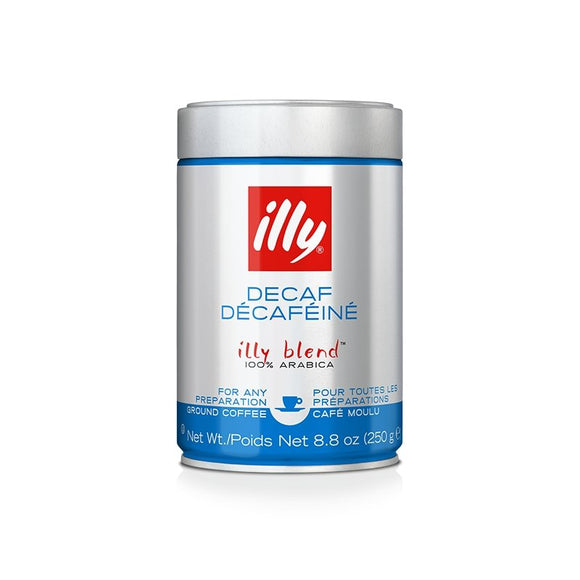 Ground espresso classico decaffeinated coffee by Illy in medium roast packaging for perfect caffeine-free espresso