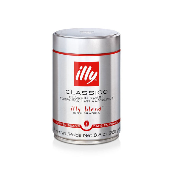Intenso dark roast coffee by Illy featuring whole beans in a red pressurized metal can for premium freshness