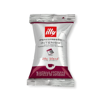 Intenso dark roast coffee capsules in their red illy iperespresso packaging, sold as 100 individually wrapped single-serve units